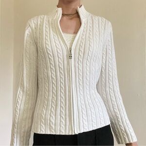 White cableknit zipper sweater
